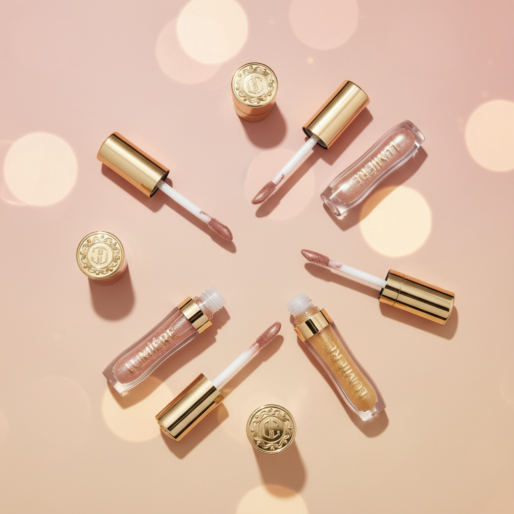 Two tubes of LUMiÈRE liquid lipstick with gold caps, one closed and one open showing the applicator with a nude pink lip color, alongside a gold decorative cap on a white background.
