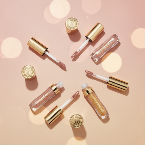 Two tubes of LUMiÈRE liquid lipstick with gold caps, one closed and one open showing the applicator with a nude pink lip color, alongside a gold decorative cap on a white background.