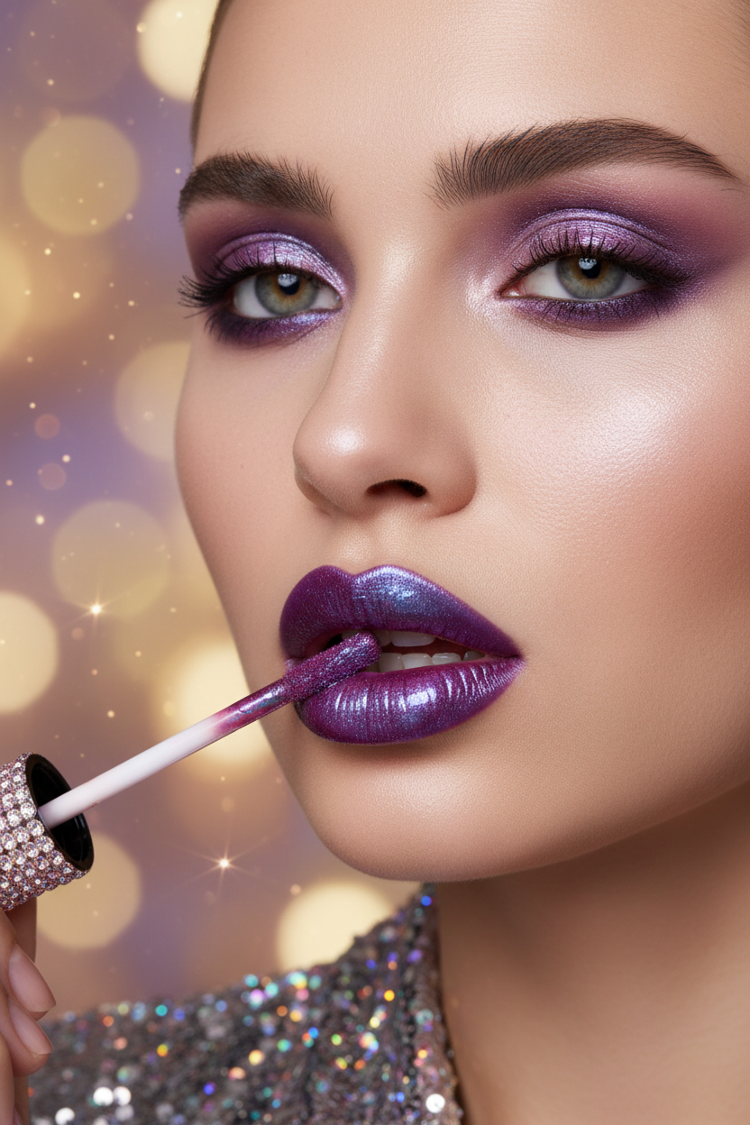 A close-up beauty shot of a model applying shimmering purple lip gloss with a doe-foot applicator. The model features dramatic purple eyeshadow and is wearing a sparkly silver sequined top against a warm, glowing bokeh background.