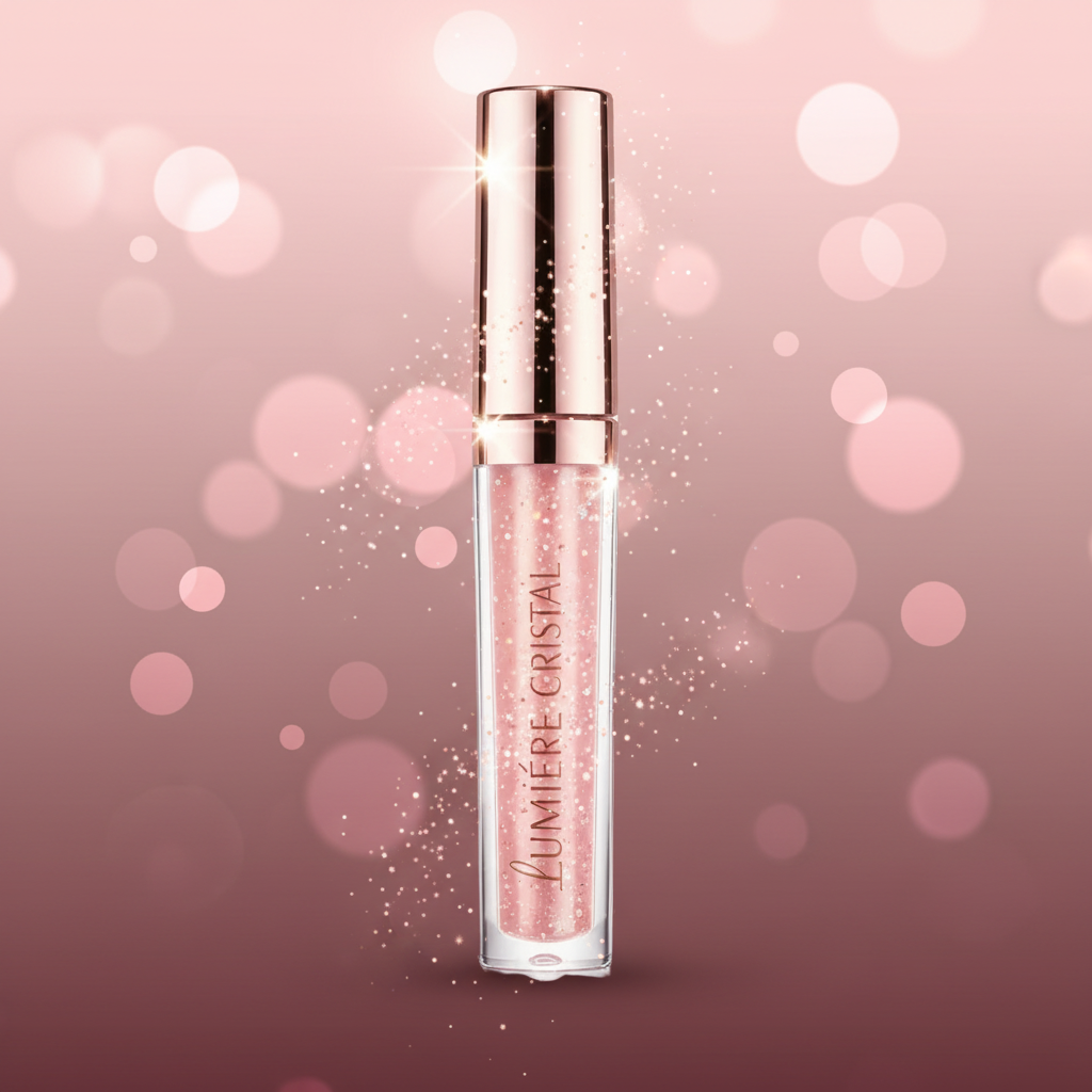 Lumère Cristal liquid lip gloss in a clear tube showing pink glitter gloss inside, topped with a metallic rose gold cap, on a white background with a soft reflection.