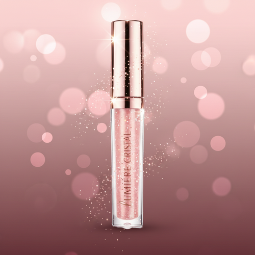 Lumère Cristal liquid lip gloss in a clear tube showing pink glitter gloss inside, topped with a metallic rose gold cap, on a white background with a soft reflection.
